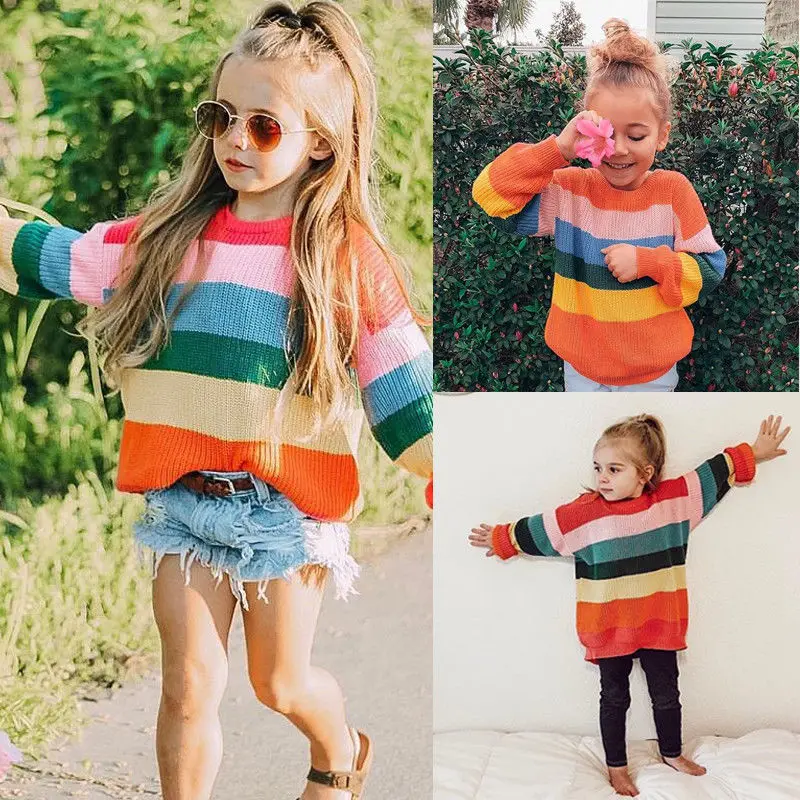 Осень зима Свитер для девочек в радужную полоску Для детей ясельного возраста