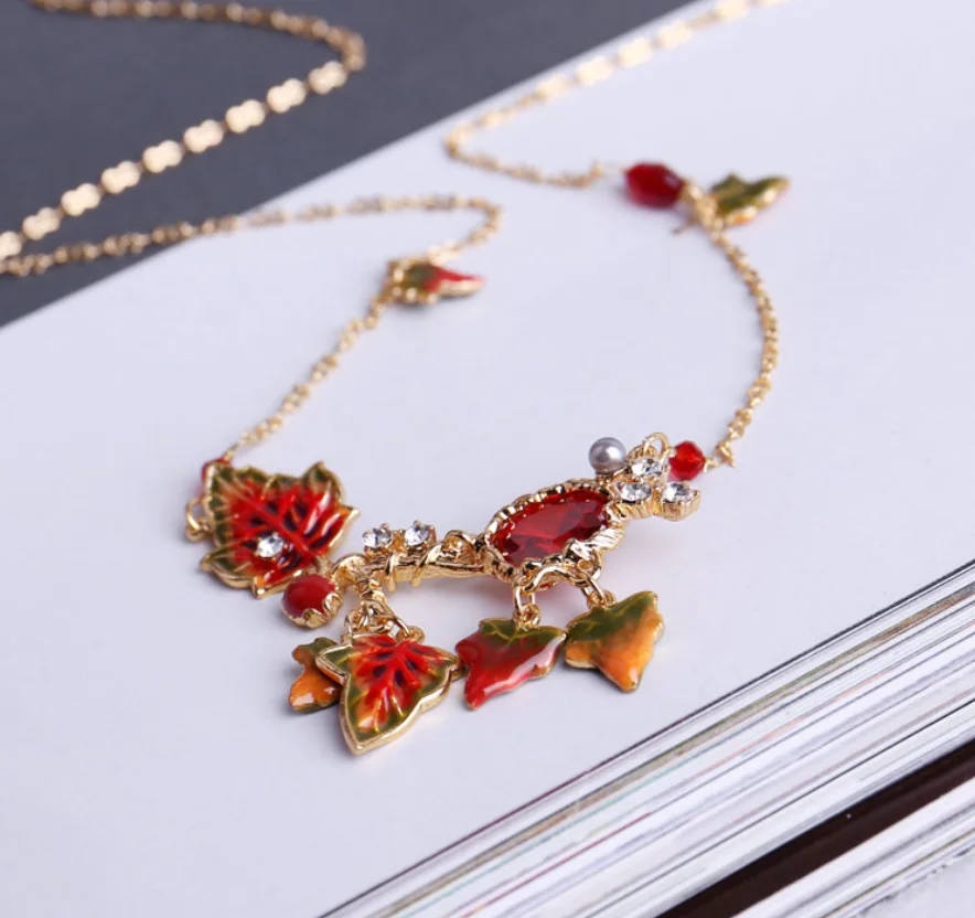 necklace CSxjd осенний кленовый букет листьев с драгоценными камнями ожерелье - Окраска металла: necklace