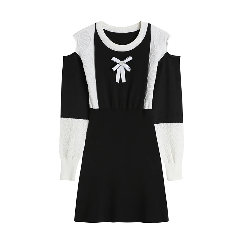 

Autumn Winter Retro Black White Contrast Color Knitted Dress Strapless Bag Hip Short Skirt Tide Sweater Skirt Frocks For women