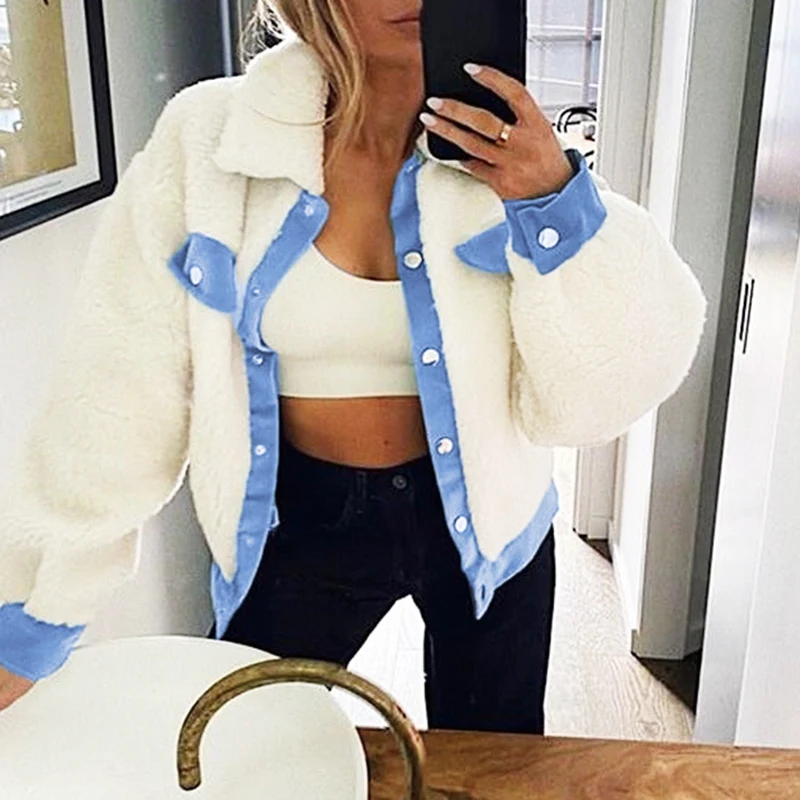 

Winter Casual Fashion Jacket Two-Color Stitching Loose Lapel Long Sleeve Cardigan Warm Top