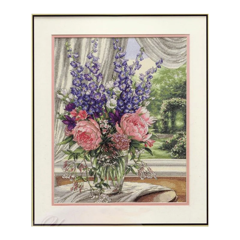 Amishop Top Quality Lovely Counted Cross Stitch Kit Peony And Delphinium, Peonies And Delphiniums Flowers Dim 35257