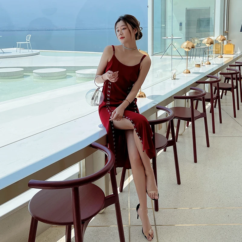 

Retro Spaghetti Strap A-Line Dress 2021 Summer New Women Elegant Hem Split Dress Ladies Sweet Casual Vacation Dress Vestidos
