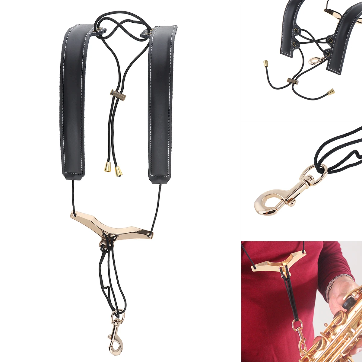 

Genuine Leather Saxophone Double Shoulder Neck Strap Cowhide Material Adjustable Sax Stage Play Neck Belt 2 Color Optional