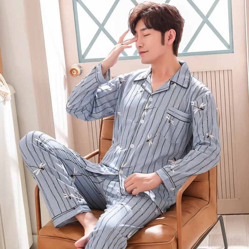 Men Pajamas Cotton Long-Sleeved Autumn and Winter Youth Large Cardigan Summer Mens Homewear Set Home Suit Sleepwear