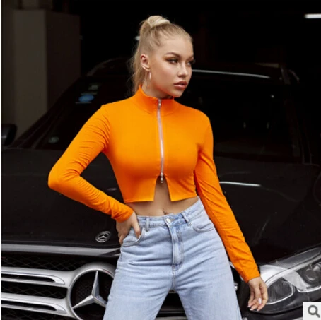 

2020 New Fashion Slim Zipper Turtleneck Long Sleeve Ladies Female Corset Top High Collar Ladies Short T-shirtSolid Color Shirt