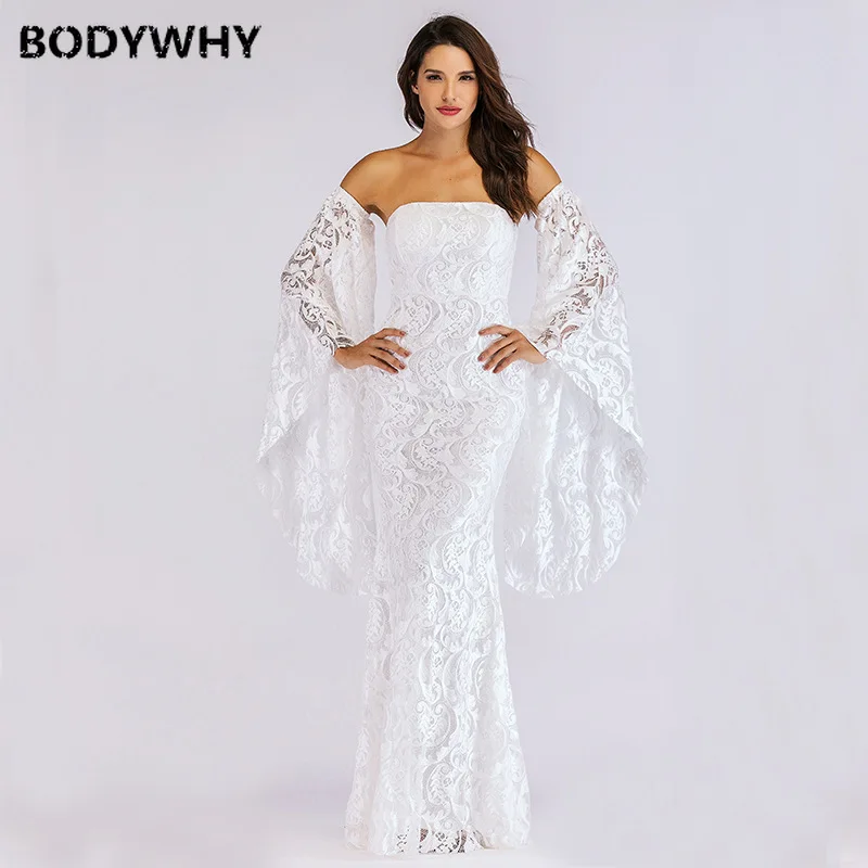 

Party Dress WOMEN'S Dress Tube Top Europe and America Off-Shoulder Bell Sleeve Mopping Party Formal Dress Lace Floor-Length
