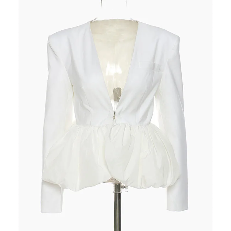 

SeeBeautiful Three-dimensional Bubble Hem Spliced Loose Blazer Coat Notched Long Sleeve Women Summer 2022 New Fashion G614