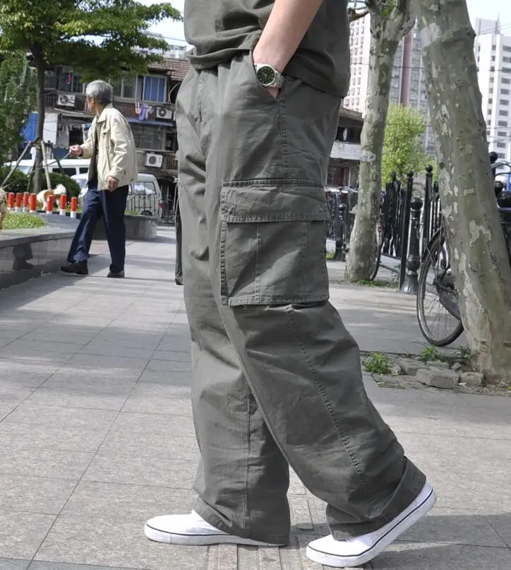 

autumn summer Men cargo pants plus size safari style pocket zipper pants 6XL 7XL 8XL out door straight pants loose army green