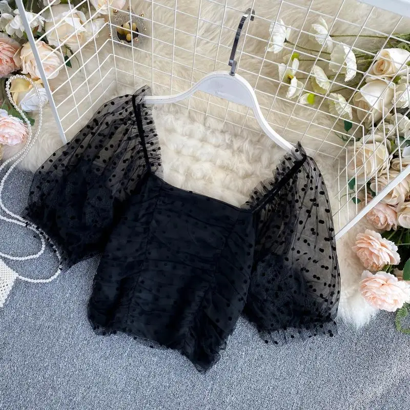 Женская блузка в горошек короткая сетчатая рубашка с квадратным вырезом и