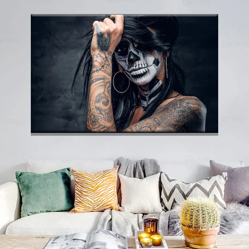 Картина на холсте настенные художественные плакаты черный череп тату девушка