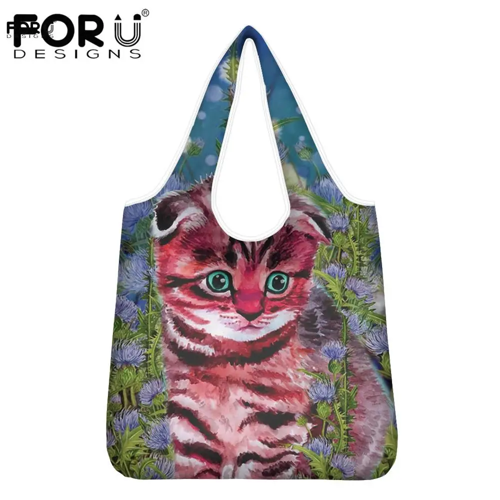 

FORUDESIGNS, женская сумка для покупок с милым объемным рисунком кошки, экологически чистая Складная тканевая сумка, Женская Портативная сумка ч...