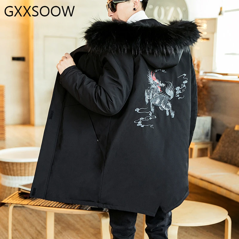 2019 зимние парки с вышивкой повседневный мужской жакет толстые длинные пальто