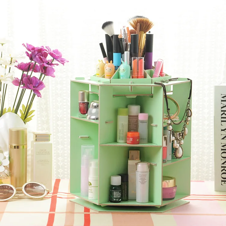 Round rotating makeup box desktop 360 degree wooden DIY storage cosmetic organizer | Дом и сад