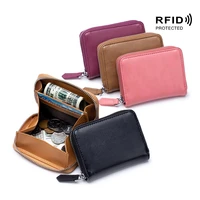 rfid protected anti scanning second layer cow skin mini coin purse zipper pocket cash slot wallet split leather bag