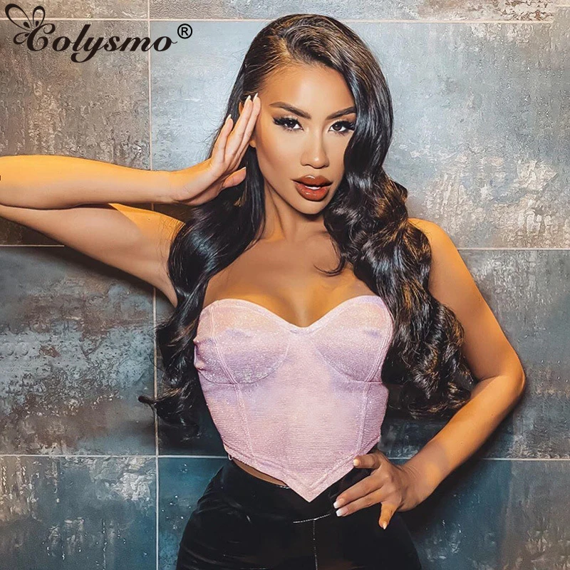 Colysmo Розовая Сексуальная майка топ с пайетками Woemn без рукавов укороченный Топ