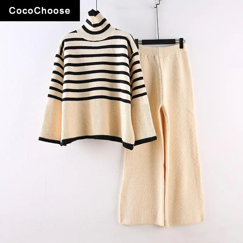 Warm Knitted Suits Winter 2021 Fashion Women Loose Style Turtleneck Striped Sweater Pullovers + Wide Leg Pants Clothing Sets