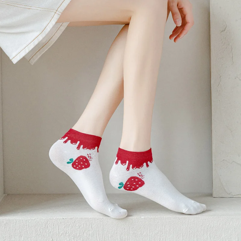 Japanese Style Women Cute Socks Print Strawberry Korean Funny 5 Pairs/Lot Girls Cotton Knitted Kawaii White Short Socks Sets