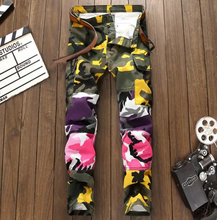 New military style jeans men's camouflage pants loose multi-pocket stitching color matching non-iron straight casual trousers