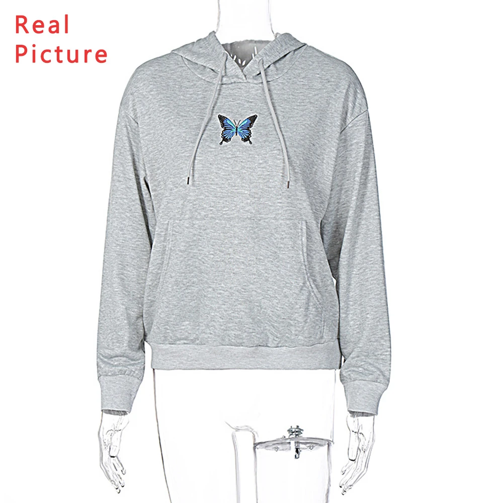 

Missnight Butterfly Embroidery Hoodie White Sweatshirt Women Long Sleeve Top Hoodie Pocket Pullover Fall Winter Clothes 2020