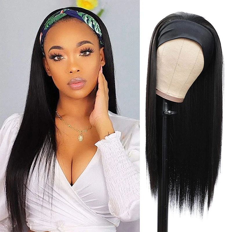 

Headband Wig for Women Black Straight Synthetic Headband Wig Glueless Heat Resistant Natutal Looking for Daily Party Use