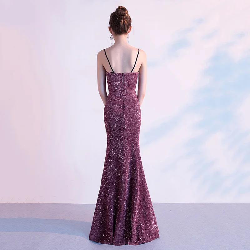

Sexy Spaghetti Strap Deep V-neck Backless Evening Party Gown Lady High Split Qipao Exquisite Bling Mermaid Maxi Dress Prom Dress