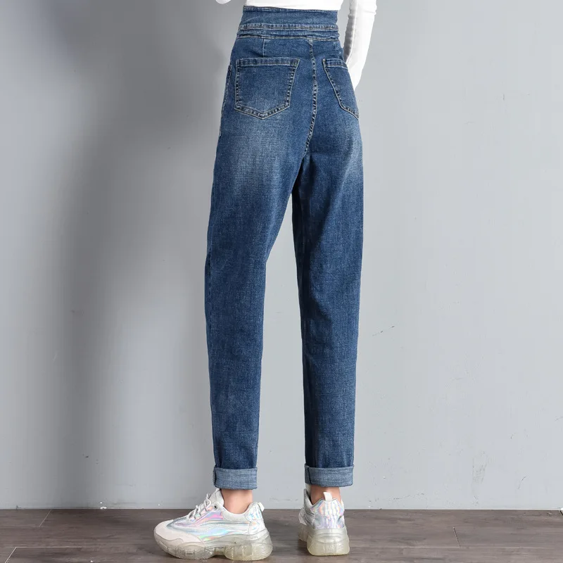 Женские длинные джинсы с завышенной талией свободные брюки султанки завязкой 2019