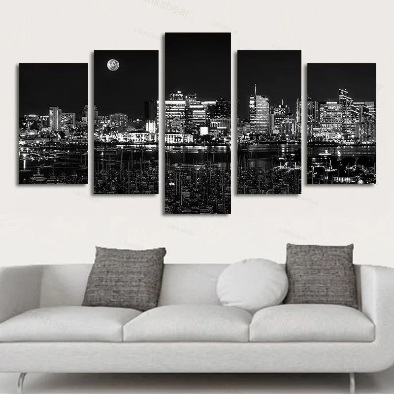 

Cuadros Decoration Modern Poster 5 Pieces Black and White City Night View Canvas Painting Wall Art Pictures for Living Room