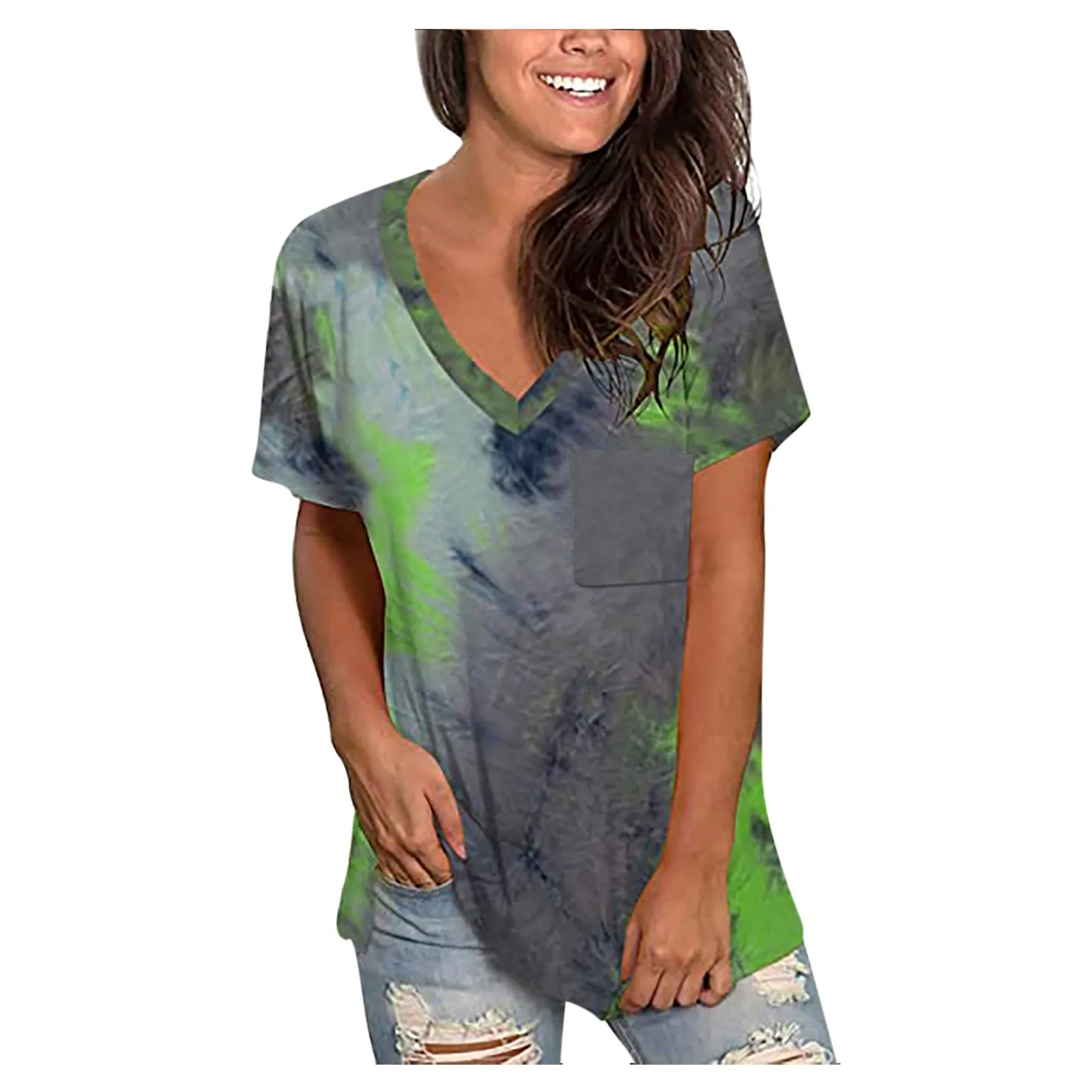 

Floral Printed Casual T Shirt Women Pocket Tops Plus Size Gradient Color V-Neck Summer Top Tee Short Sleeve Tshirt Female