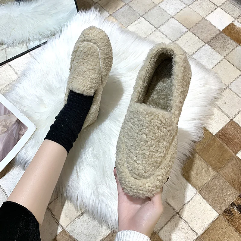 

Round Toe Winter Shoes Women Casual Female Sneakers Loafers Fur Flats Shallow Mouth Autumn All-Match Dress Boat Fall New