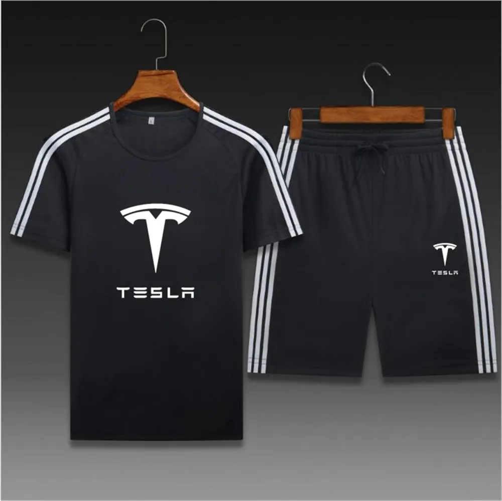 

Tesla 2021 summer men's printed sports suit short-sleeved shorts printed casual wear O-neck top + lace-up shorts fitness suit