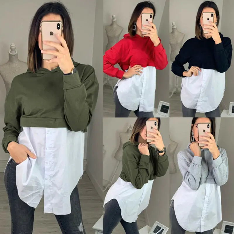 Модная толстовка с капюшоном Лоскутная рубашка пуговицами женская кофта длинный