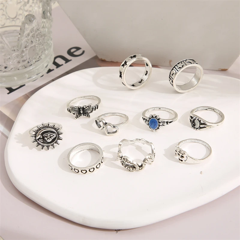 

Cute Nine Pieces Geometric Ring Vintage Alloy Metal Star Moon Butterfly Rings Jewelry Gifts For Girlfriend