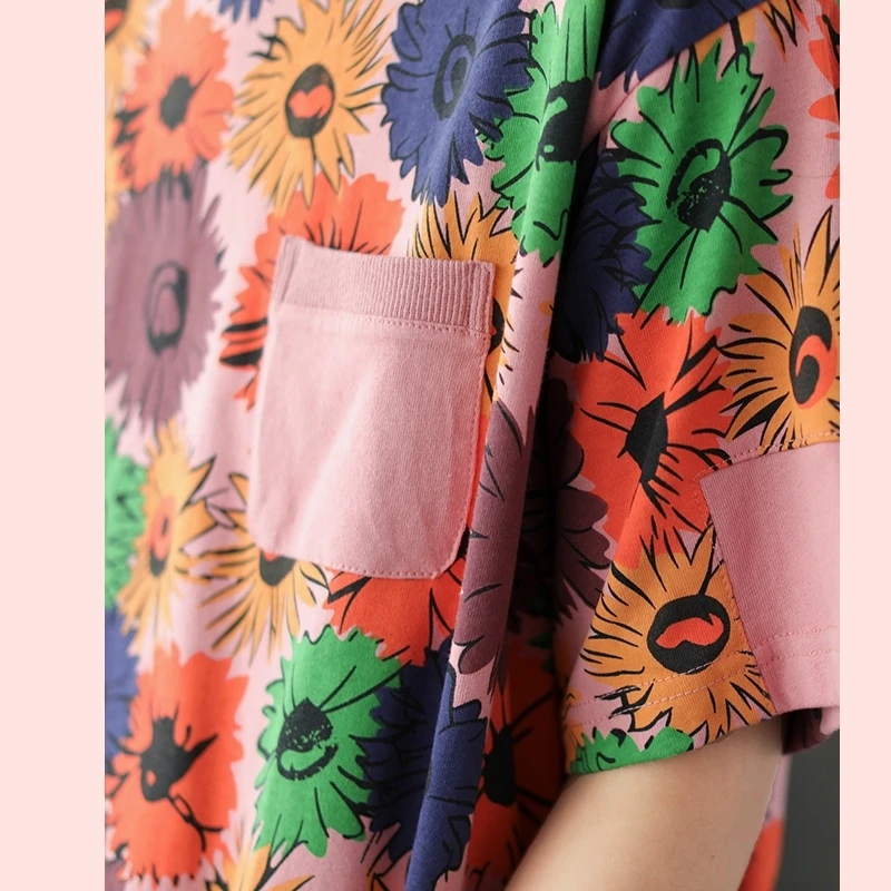 

Soft New Comfortable Loose Round Neck Blouse T Shirts Female Short Sleeve Tops Summer Ladies Cotton Sunflower Print T-shirt