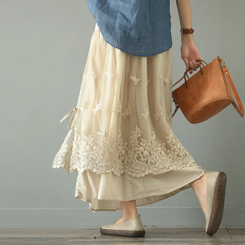 

NEW Eugen Yarn Skirt French Long Skirt Ankle Retro Double Mesh Yarn Loose Embroidery A-Line skirt