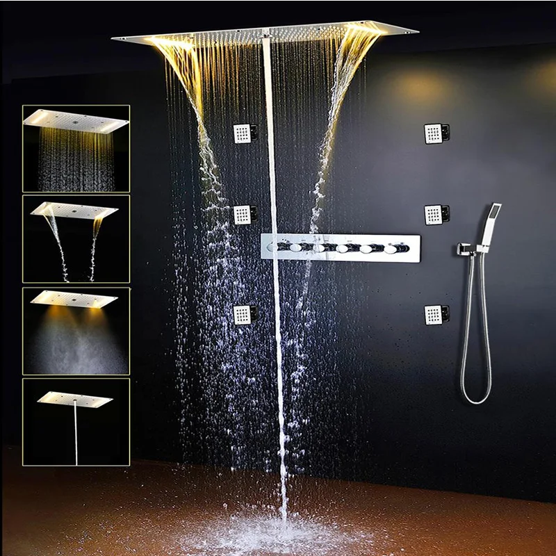 

Bathroom Ceiling Thermostatic Shower Faucets Set Rainfall Waterfall Multi Function Shower Head With 5 Way Shower Diverter
