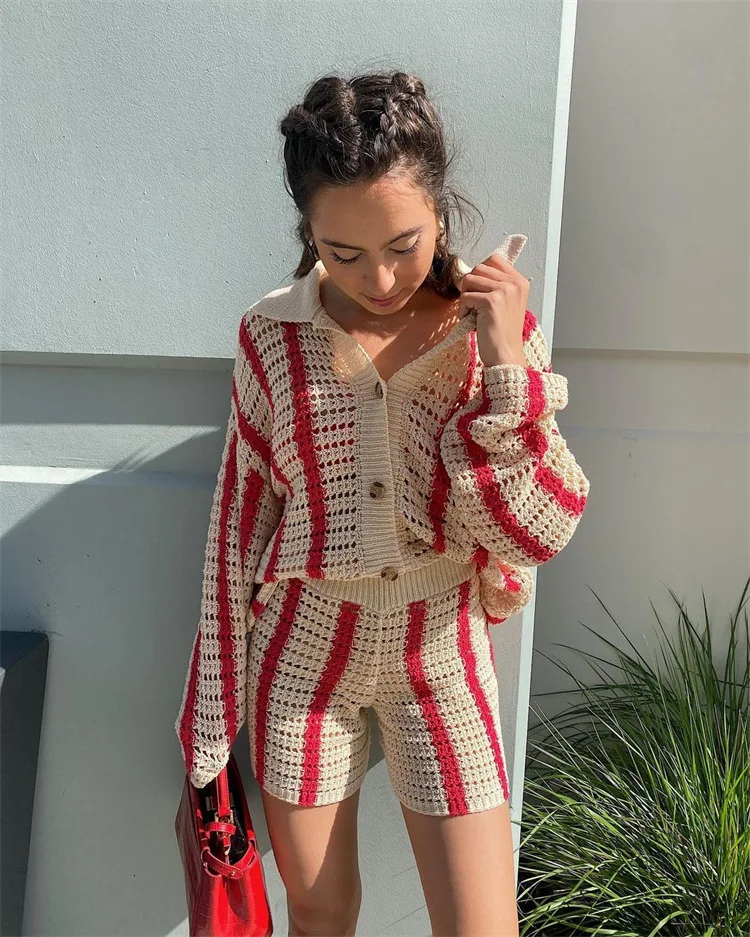 

Knitted Long Sleeve Cardigan Women Red Stripe Loose Y2K Autumn Winter Fashion Casual Sweater Top V Neck Oversized