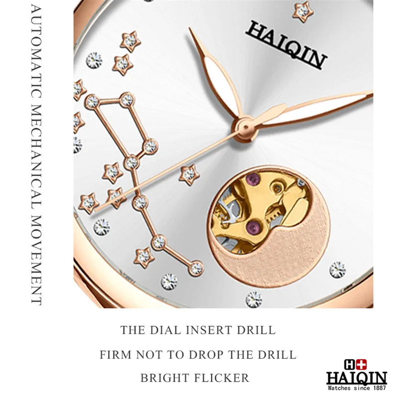 

HAIQIN Top Brand Luxury Women Watches Leather Strap Automatic Mechanical Watch Rose Gold Fashion Ladies Dress Watch reloj mujer