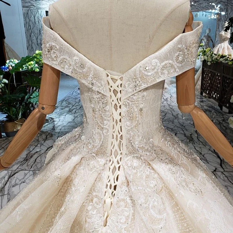 AnXin SH Luxury princess flower white lace beading crystal illusion boat neck lace up champagne wedding dress 100% real photo