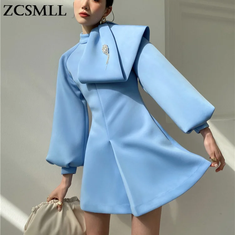 

ZCSMLL Blue Stitching Collar Design Sense Dresses for Women Stand Collar Long Sleeve Micro-elastic Slim Dress 2021 Spring