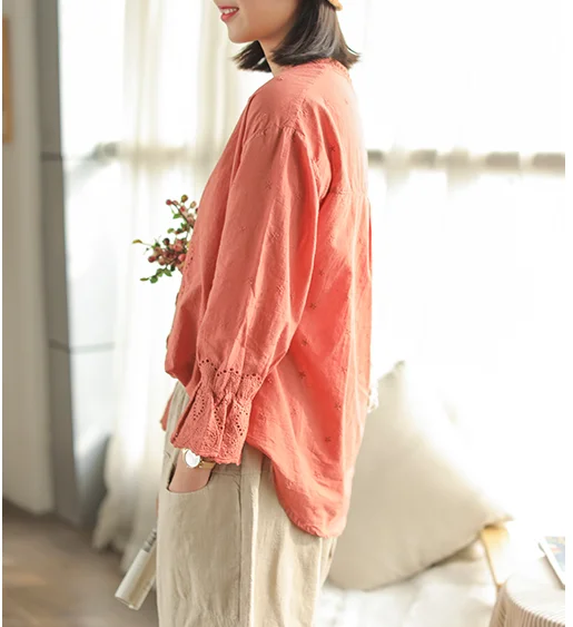 Простая Весенняя хлопковая рубашка с вышивкой и длинными рукавами Женская