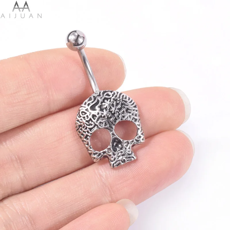 

AIJUAN Skeleton Navel Piercing Women Skull Punk Belly Button Rings Surgical Stainless Steel Metal Zircon Body Jewelry Girls Gift