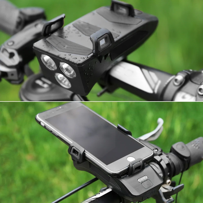 

4 In 1 Front Bike Light 3 LED USB Rechargeable Cycling Light Phone Holder Power Bank Funciton Flashlight with Warning Taillight
