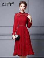 new elegant womens lace patchwork chiffon midi pleated dress for spring long sleeve vestidos lolita style red party robe femme
