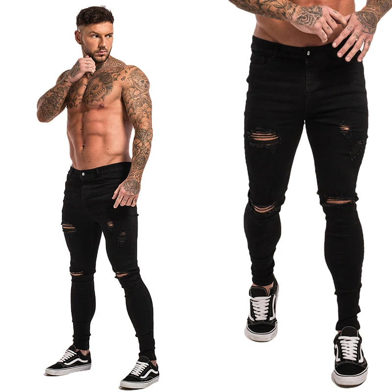

GINGTTO Jeans Men Elastic Waist Skinny Jeans Men 2020 Stretch Ripped Pants Streetwear Mens Denim Jeans Blue