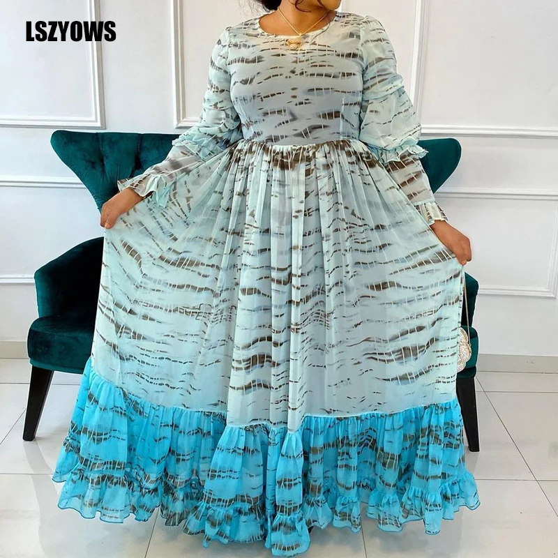 

Vintage Print Chiffon Long Dress Women Elegant Long Sleeve O-Neck Ruffles Maxi Dress Summer Boho Holiday Beach Dresses Vestidos