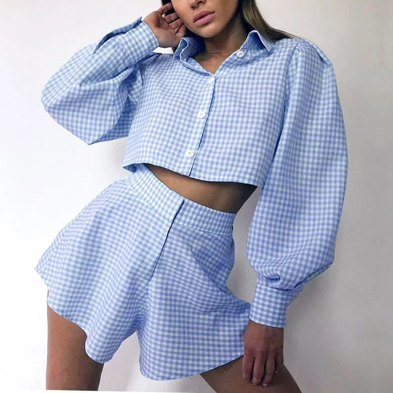Pink Y2K Casual Plaid Lounge Wear Women Tracksuit Shorts Set Long Puff Sleeve Shirt Tops And Mini Two Piece |