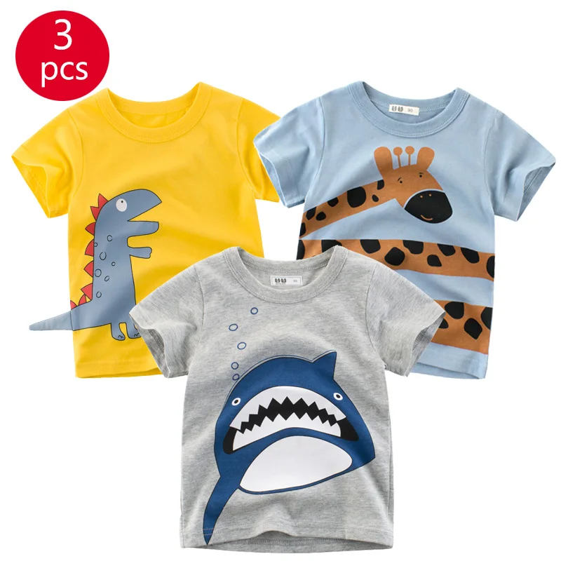 

27kids 3pcs/lots Boys T Shirts for Children Clothes Dinosaur Excavator Shark Animal Print Children Kids School Summer Clothes