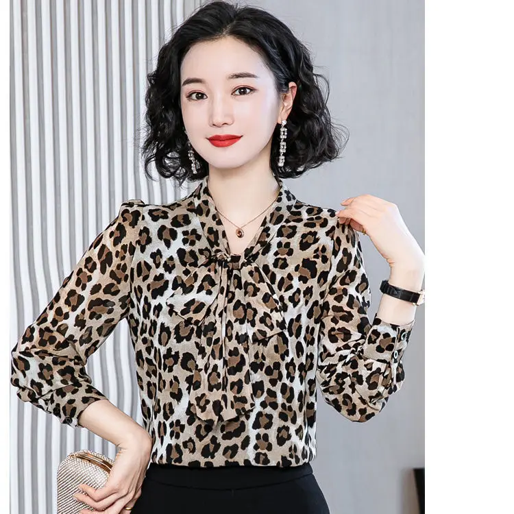 Женская блузка рубашка женская с длинным рукавом Осень Леопардовый принт