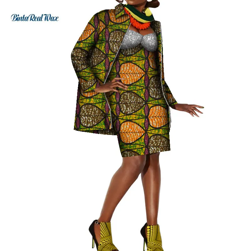 2 Pcs Coat and Dress Sets African Dresses for Women Knee Length Vestidos Bazin Riche Ankara Coat Jacket African Clothes WY8411