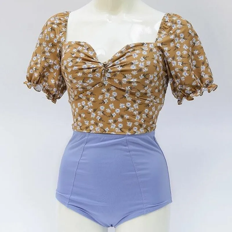 Корея Короткий рукав Дейзи Цветочный принт бикини Для женщин 2021 грудь с запахом
